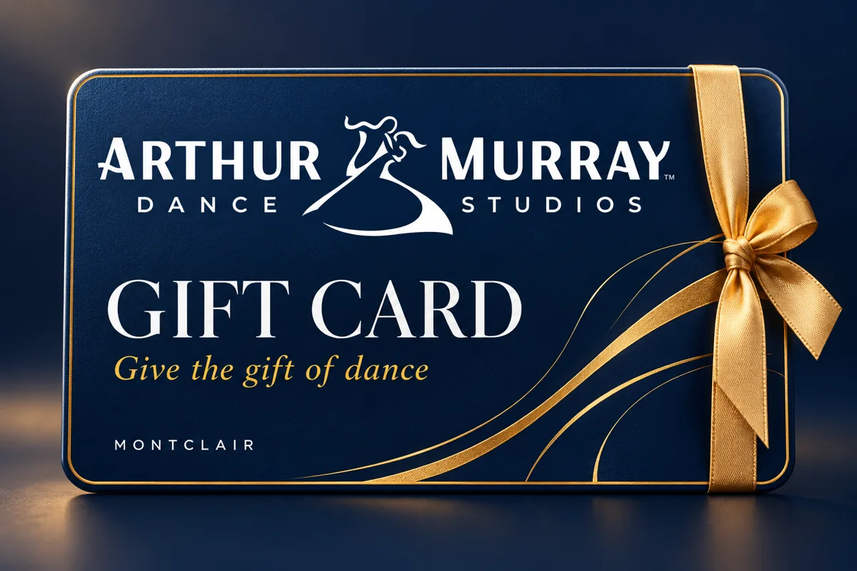 Arthur Murray Montclair gift card in navy and gold with a gold ribbon